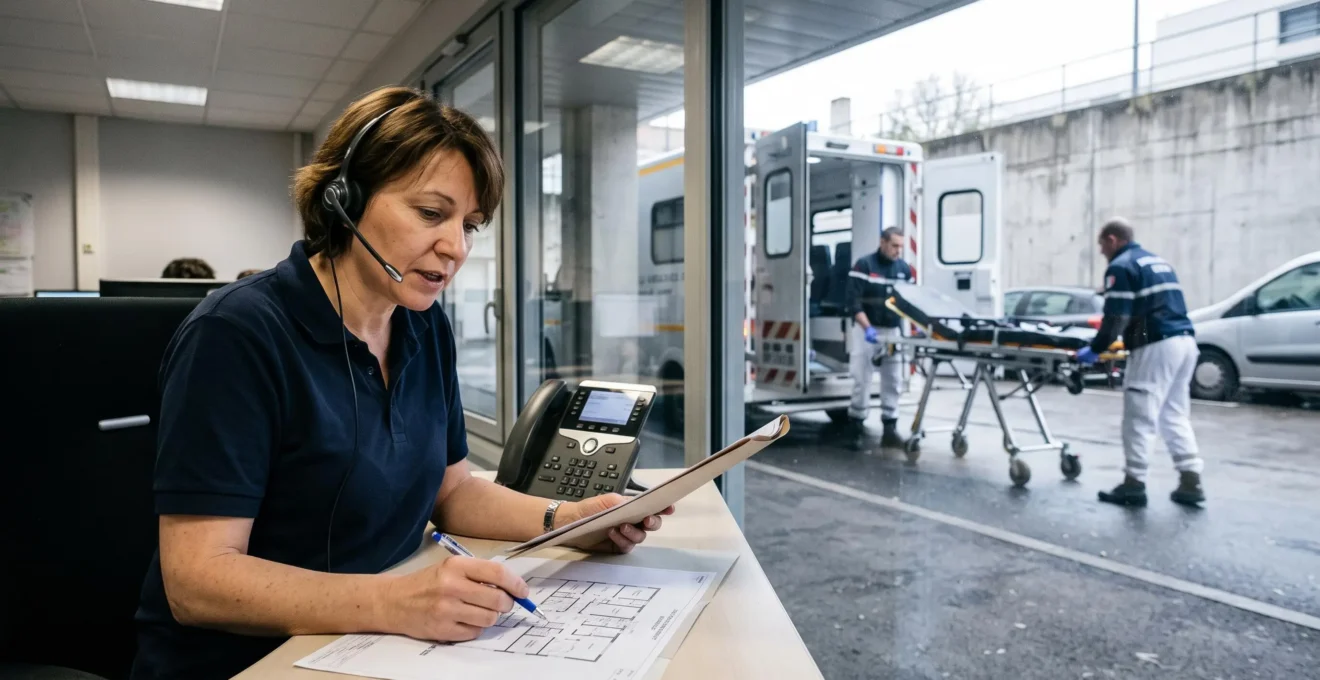 Une coordinatrice d'assistance médicale au téléphone dans une salle d'assistance, avec une ambulance visible à l'arrière-plan.