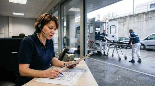 Une coordinatrice d'assistance médicale au téléphone dans une salle d'assistance, avec une ambulance visible à l'arrière-plan.