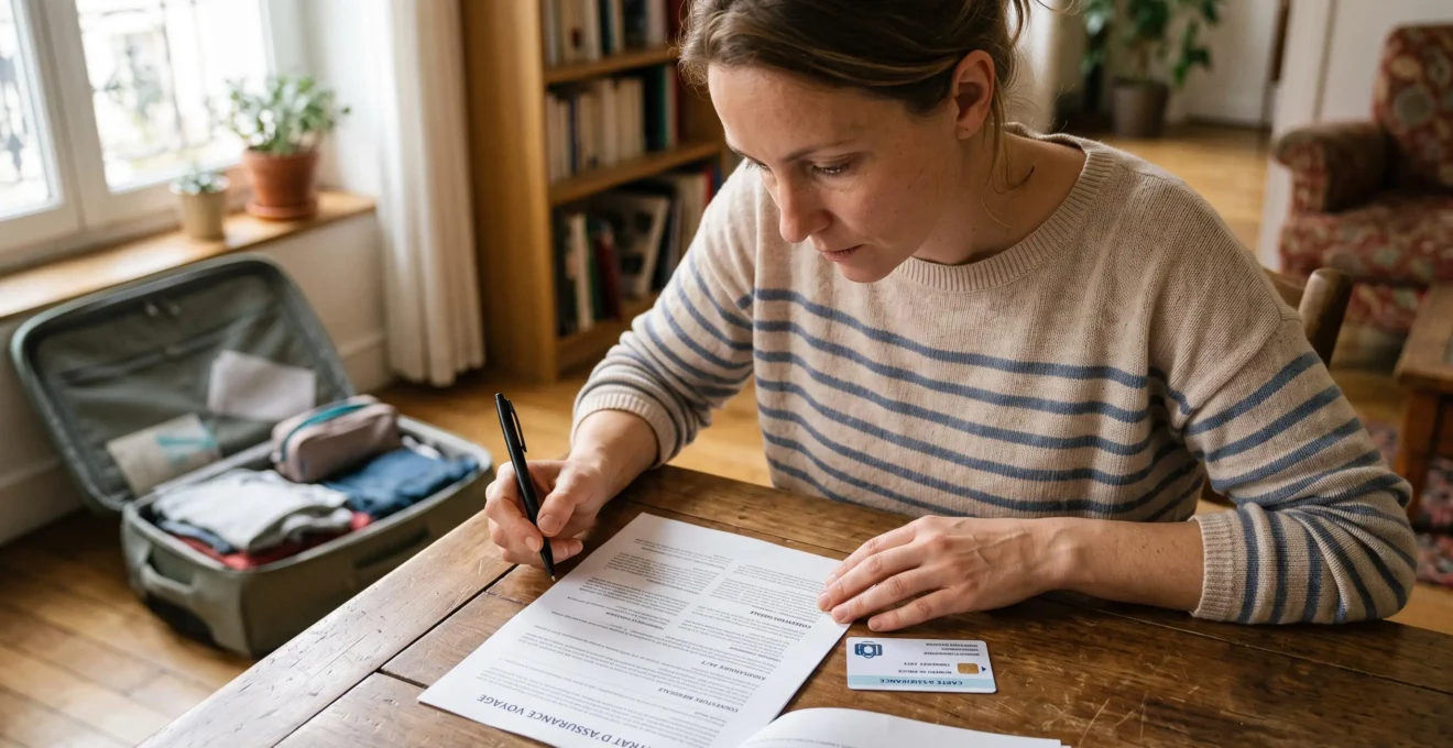Une femme lit attentivement un contrat d'assurance voyage posé sur une table avant son départ, une valise à proximité.