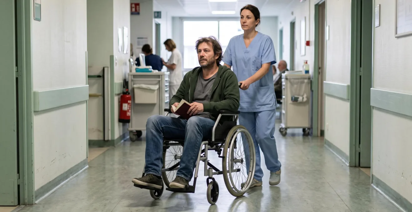 Une infirmière pousse en fauteuil roulant un voyageur français dans le couloir d'un service d'urgence hospitalier.